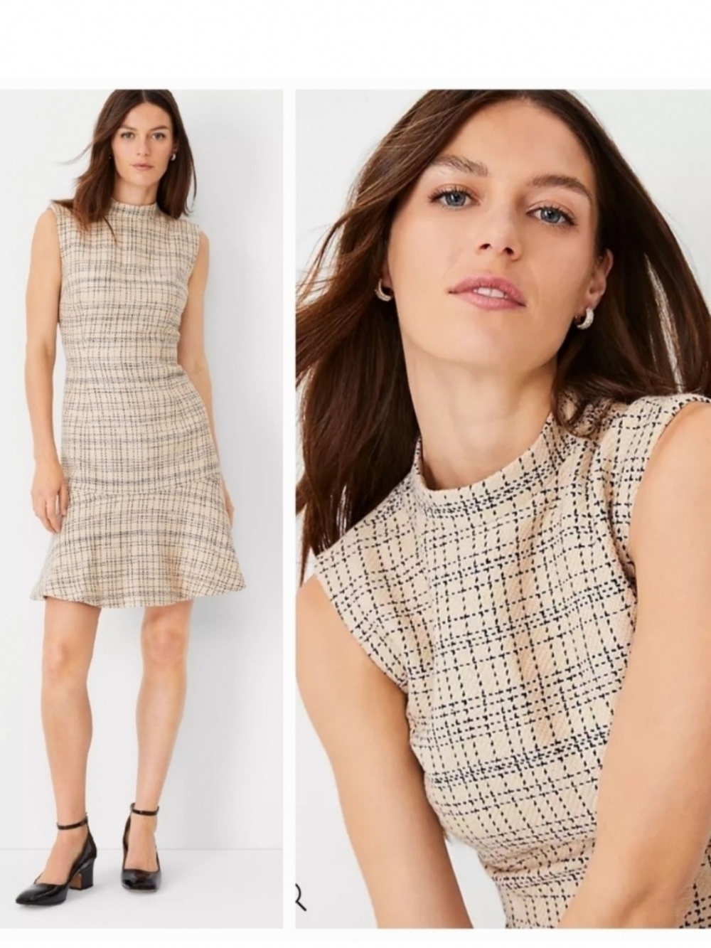 Ann Taylor Cream Black Tweed Classic Sleeveless Dress